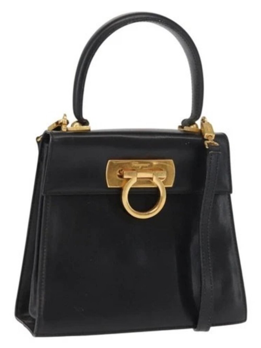 Salvatore Ferragamo Gancini Hand Bag Leather 2way Black Gold Auth 165514